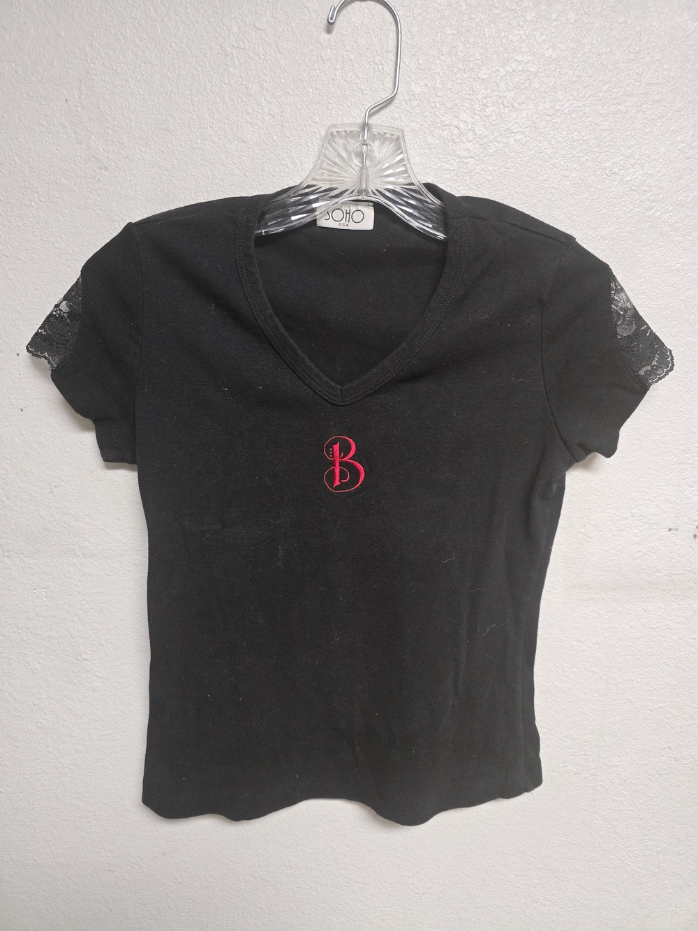 SOHO Black V-Neck Tee with Red Embroidered 'B'